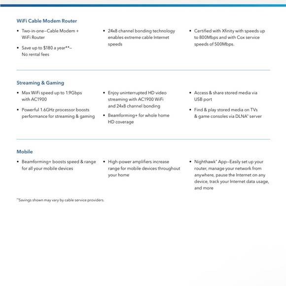 NETGEAR Nighthawk AC1900 WiFi Cable Modem Router, Model C7000v2, Xfinity/Cox - Picture 8 of 13